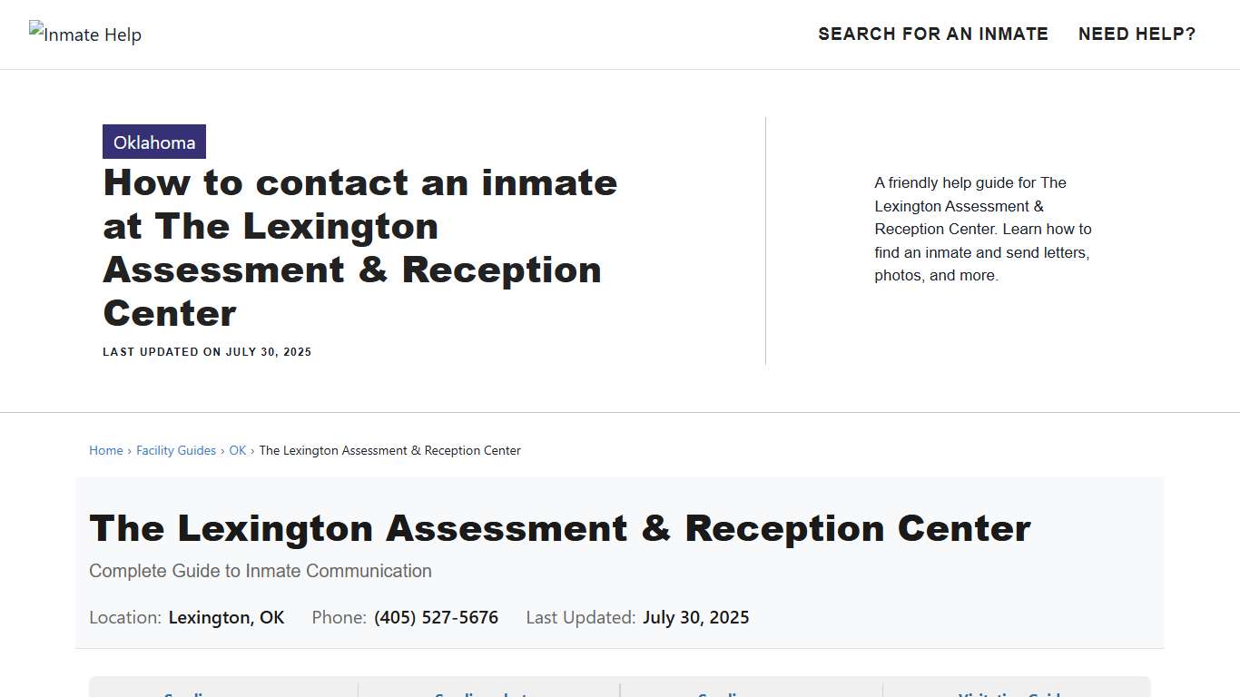 How to contact an inmate at The Lexington Assessment & Reception Center - Inmate Help
